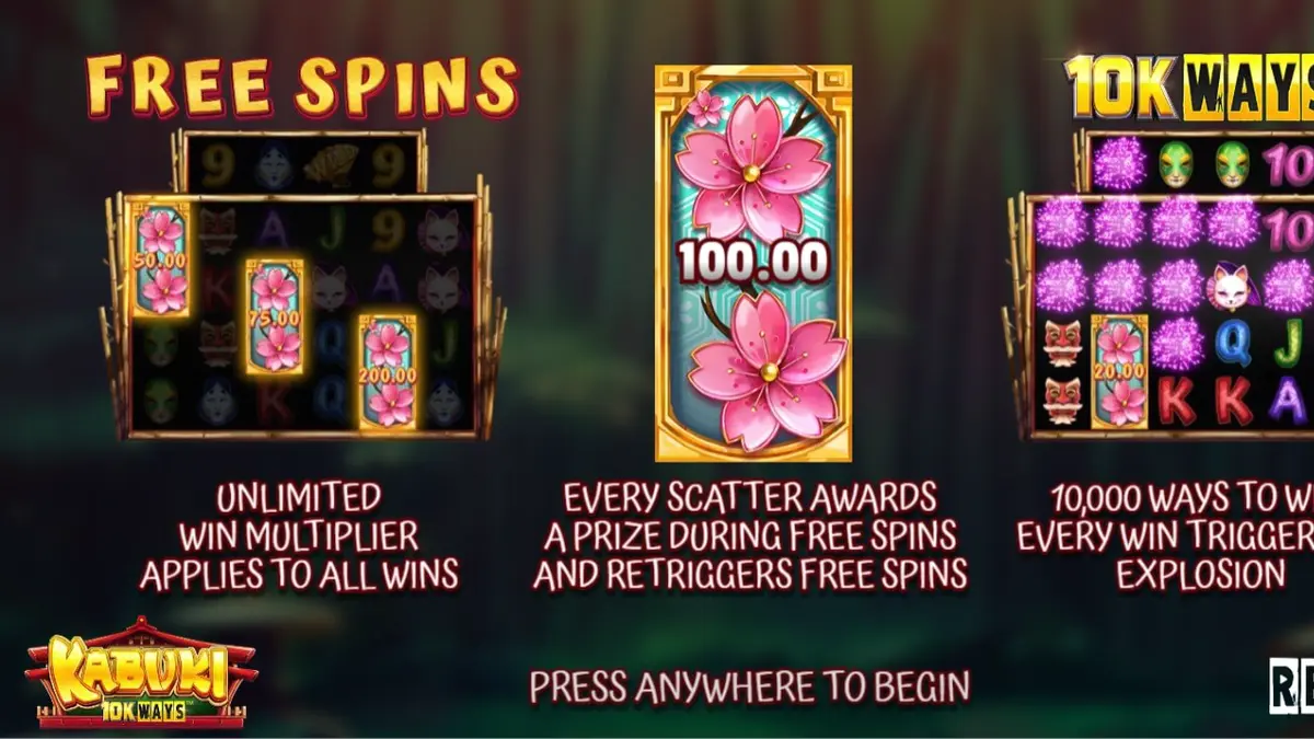 Tampilan visual slot Kabuki 10k Ways dengan tema teater Jepang dan hutan bambu.