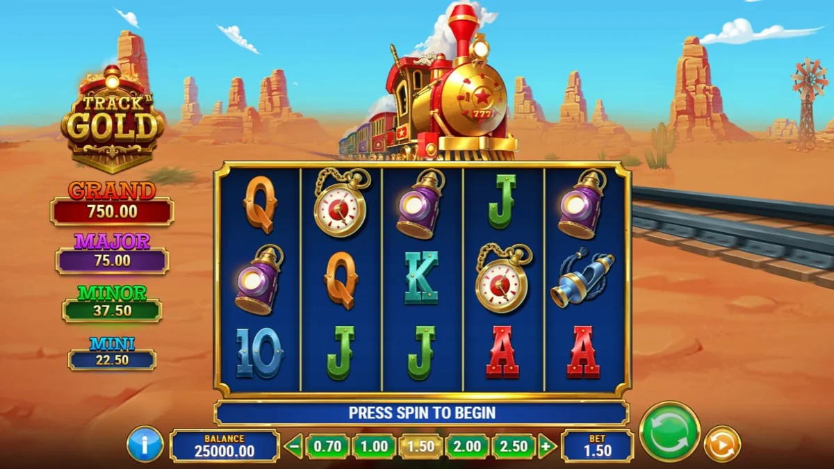 Tampilan visual slot Track’n Gold dengan tema kereta api uap di gurun