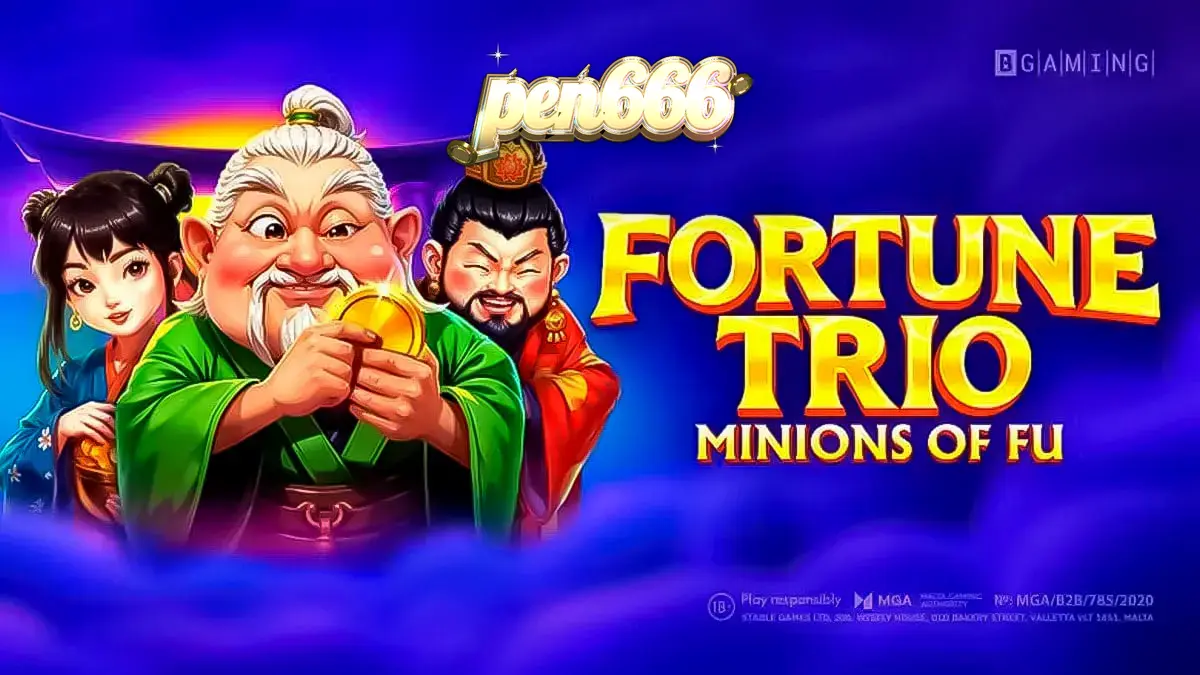 Tampilan visual slot Fortune Trio: Minions of Fu dengan simbol naga dan kucing keberuntungan
